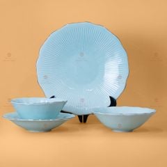 Bộ Bát Đĩa Men Xanh Ngọc Vân Sen Kẻ Vàng